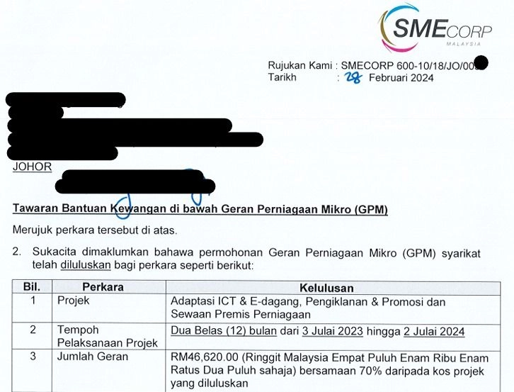 SME Corp Malaysia offer letter for a Geran Perniagaan Mikro (GPM) grant, with the client’s details redacted