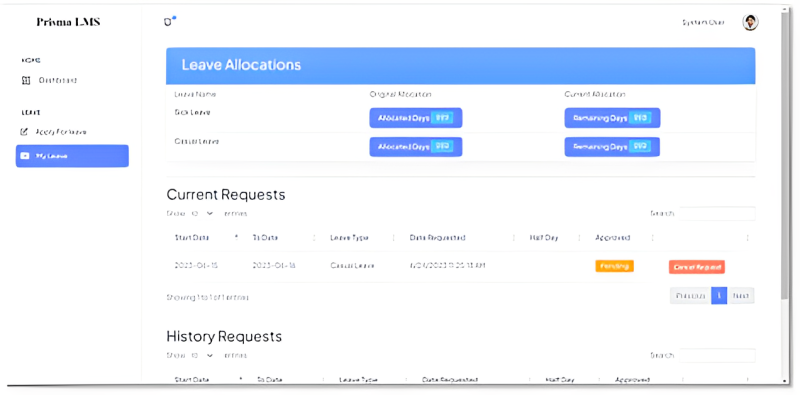 Prisma Leave Management System showing leave allocations, current leave requests and request history