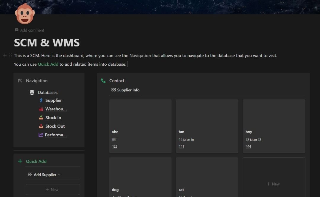 Prisma SCM & WMS dashboard with supplier, warehouse, stock-in, stock-out and performance databases