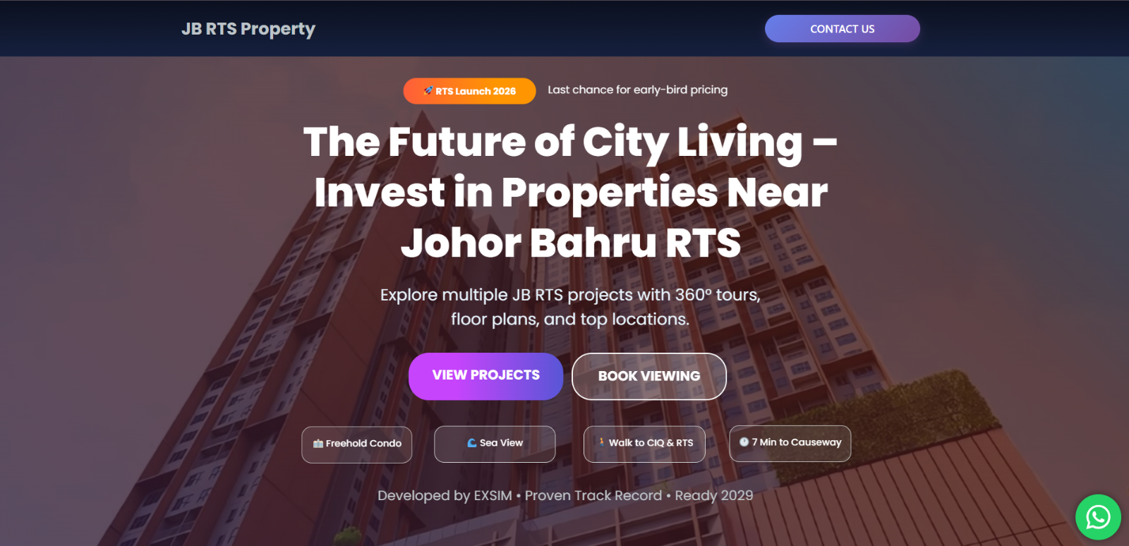 JB RTS Property Project platform showing new launches near Bukit Chagar RTS station
